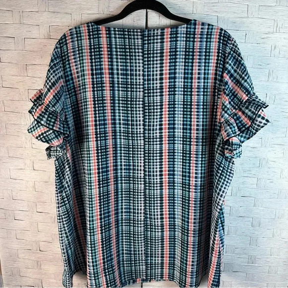 Lane Bryant Plaid Ruffle Sleeve Blouse - Blue and Pink - Picture 2 of 10